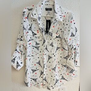 KARL LAGERFELD PARIS Paris Eiffel Tower Black & Red Hearts Button Up Shirt L NWT